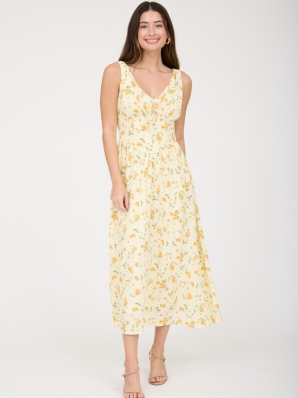 Floral V Neck Sleeveless Corset Midi Dress